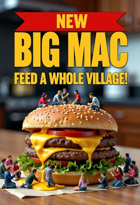 Colorful pop advertisement with bold letters "NEW Big Mac". A crowd of miniature people kneel around a burger on a table. The people worship the burger. Miniature people sit on the burger. It drips melted cheese on the table. Blurry background of a kitchen. Subtitle "Feed a whole village!"