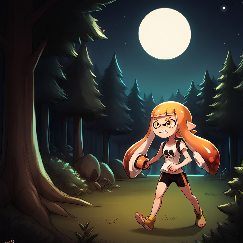 score_9, score_8_up, score_7_up, score_6_up, score_5_up, score_4_up,
luminekoStyle
inkling girl, splat shorts, splat shirt, splattershot (splatoon), 
Night, forest, moon, eyes in the dark, trees, scared, holding splattershot,