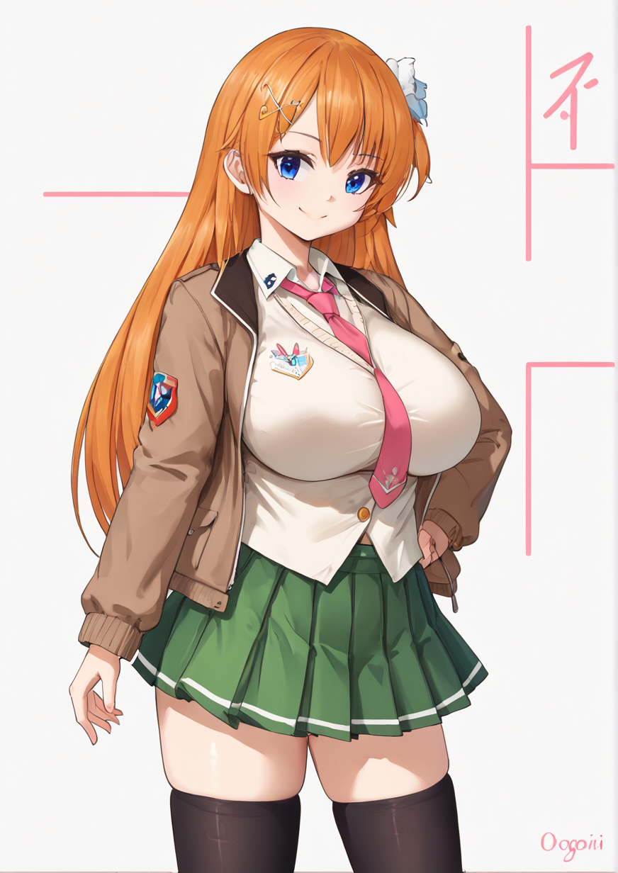 1girl, ootori chihaya, huge breast, , black thighhighs, blue eyes, brown jacket, copyright name, green skirt, hair ornament, jacket, long hair, looking at viewer, necktie, orange hair, pink necktie, pleated skirt, school uniform, skirt, smile, solo, thighhighs, wing hair ornament, zettai ryouiki,  <lora:åç§å:1>