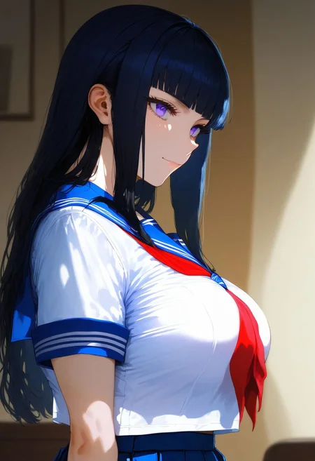 score_9, score_8_up, score_7_up, score_6_up, source_anime, <lora:GAI S2 v0.1:1>,
1girl, shirt overhang, solo, breasts, school uniform, serafuku, skirt, long hair, black hair, purple eyes, neckerchief, large breasts, blunt bangs, short sleeves, crop top overhang, pleated skirt, from side, sailor collar, shirt, red neckerchief, white shirt, tented shirt, closed mouth, blue skirt, see-through silhouette, upper body, blue sailor collar, blurry background,