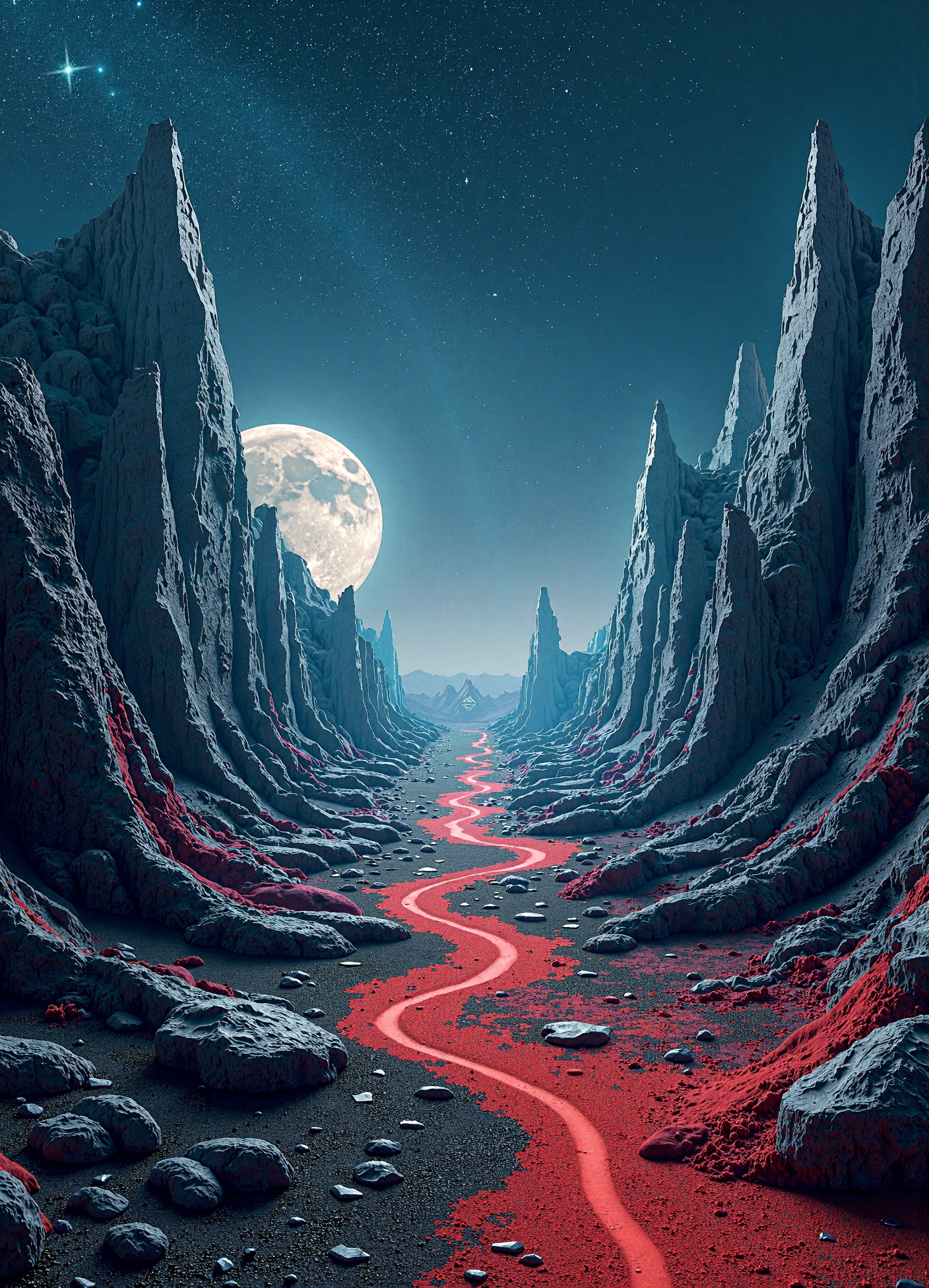 A strange and distorted landscape stretches as far as the eye can see. Crystal mountains rise up into the sky, their facets sliding in the starlight. Valleys of black sand and red dust stretch between the mountains, like scars on the planet's surface. Strange rock formations, like natural sculptures, stand out in the landscape, their strange and distorted shapes seeming to be in motion, as if they were alive.
The stars and distant galaxies seeming to be in motion, as if they were attracted to the alien, and their light illuminates its body in a strange and fascinating way.