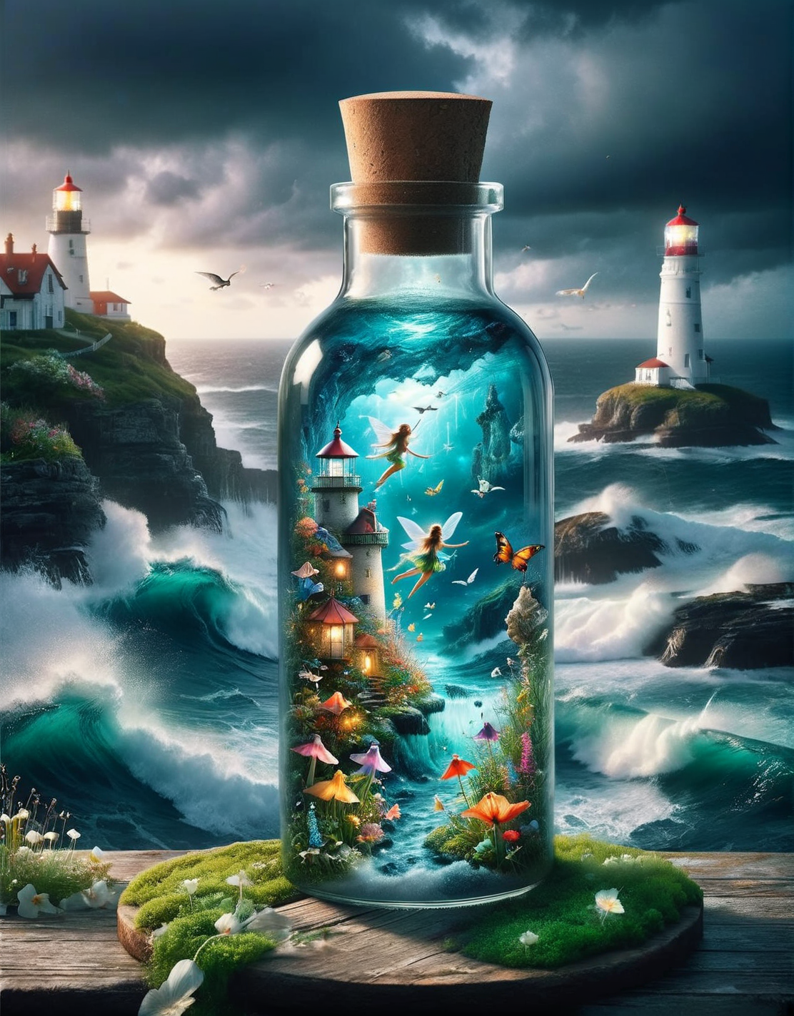 ais-bttl, inside bottle magical garden with fairies, outside bottle stormy ocean with lighthouses <lora:ais-bttl-sdxl:1>