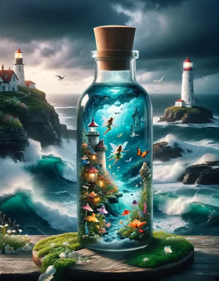 ais-bttl, inside bottle magical garden with fairies, outside bottle stormy ocean with lighthouses <lora:ais-bttl-sdxl:1>