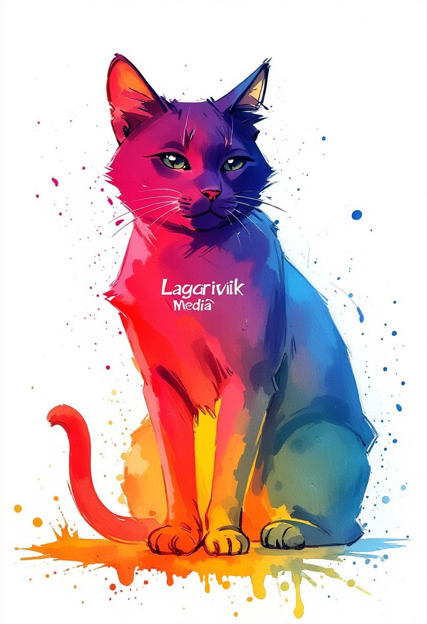 Watercolor painting of a neon paintsplash in the shape of a cat. Intense colors. text "Lagarvik Media"