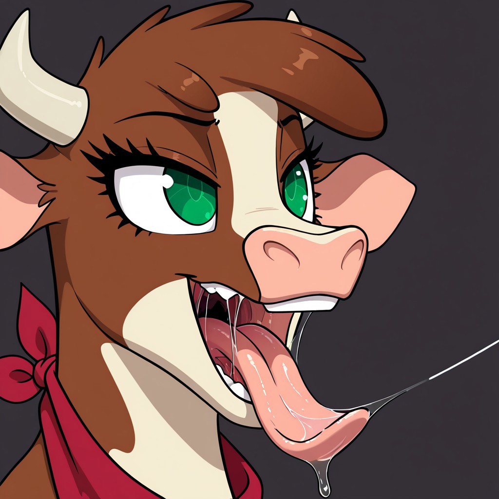 arizona_cow, cow, Arizona \(tfh\), mawshot,saliva, saliva strings,tongue,open green eyes, mouth,bedroom eyes, red bandana, 
masterpiece, best quality, amazing quality, very aesthetic, high resolution, ultra-detailed, absurdres, newest, scenery, ultra-detailed,perfect, Digital art, solo, feral, close-up, 2d,illustration,anatomy,licking prey,4k