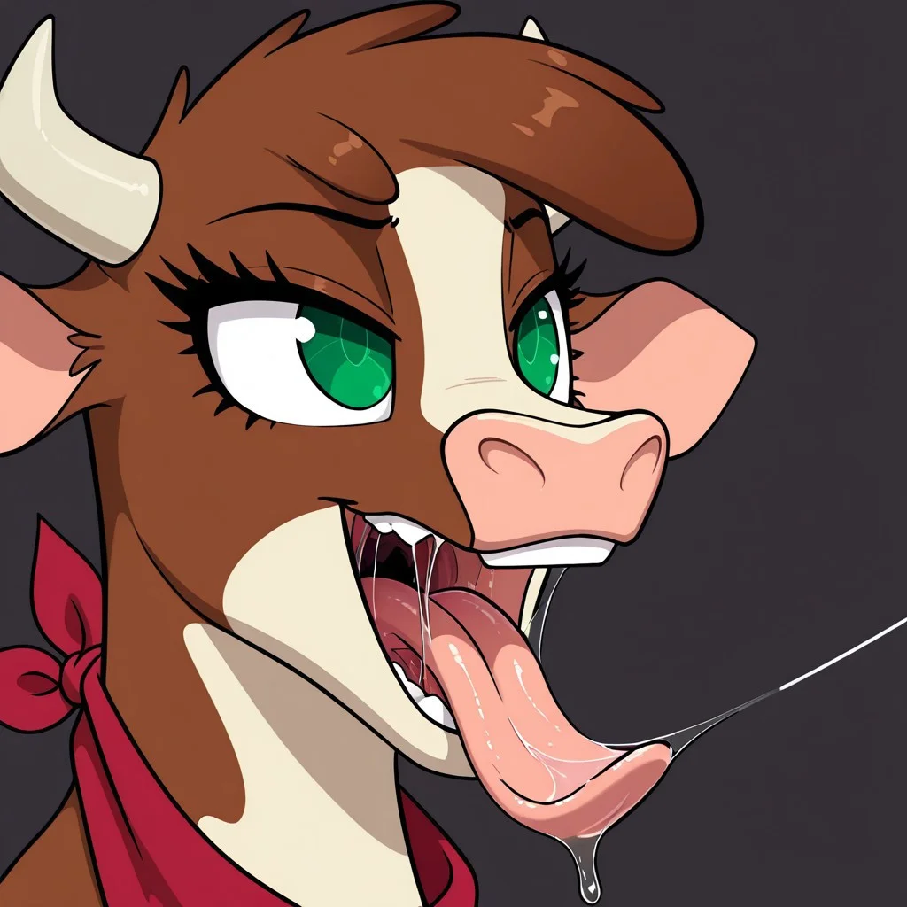 arizona_cow, cow, Arizona \(tfh\), mawshot,saliva, saliva strings,tongue,open green eyes, mouth,bedroom eyes, red bandana,
masterpiece, best quality, amazing quality, very aesthetic, high resolution, ultra-detailed, absurdres, newest, scenery, ultra-detailed,perfect, Digital art, solo, feral, close-up, 2d,illustration,anatomy,licking prey,4k