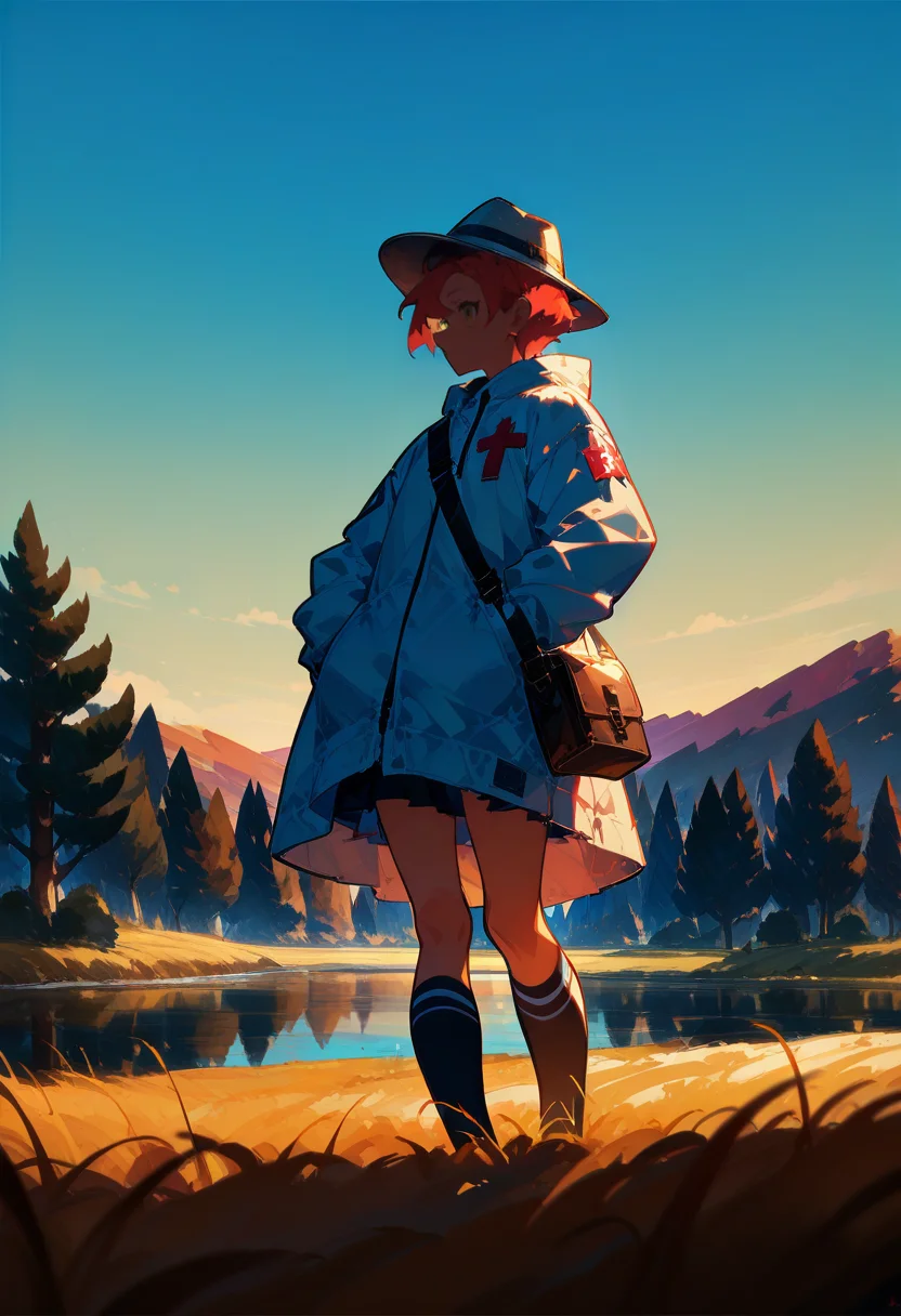 1girl, red hair, very short hair,
BREAK 1girl, hands down, looking side direction, hands in pockets, pants,
BREAK Fedora Hat, Frill Hem Dress, Shoulder Cross Bag, High Knee Socks, savana, yellow grass land, tree, lake,
BREAK safe, masterpiece, best quality, very aesthetic, absurdres, highres, newest, <lora:ponyv5_noobV065S_1_adamW:0.7>, <lora:lora:0.4>, <lora:Unstable_v1.0_f:1>