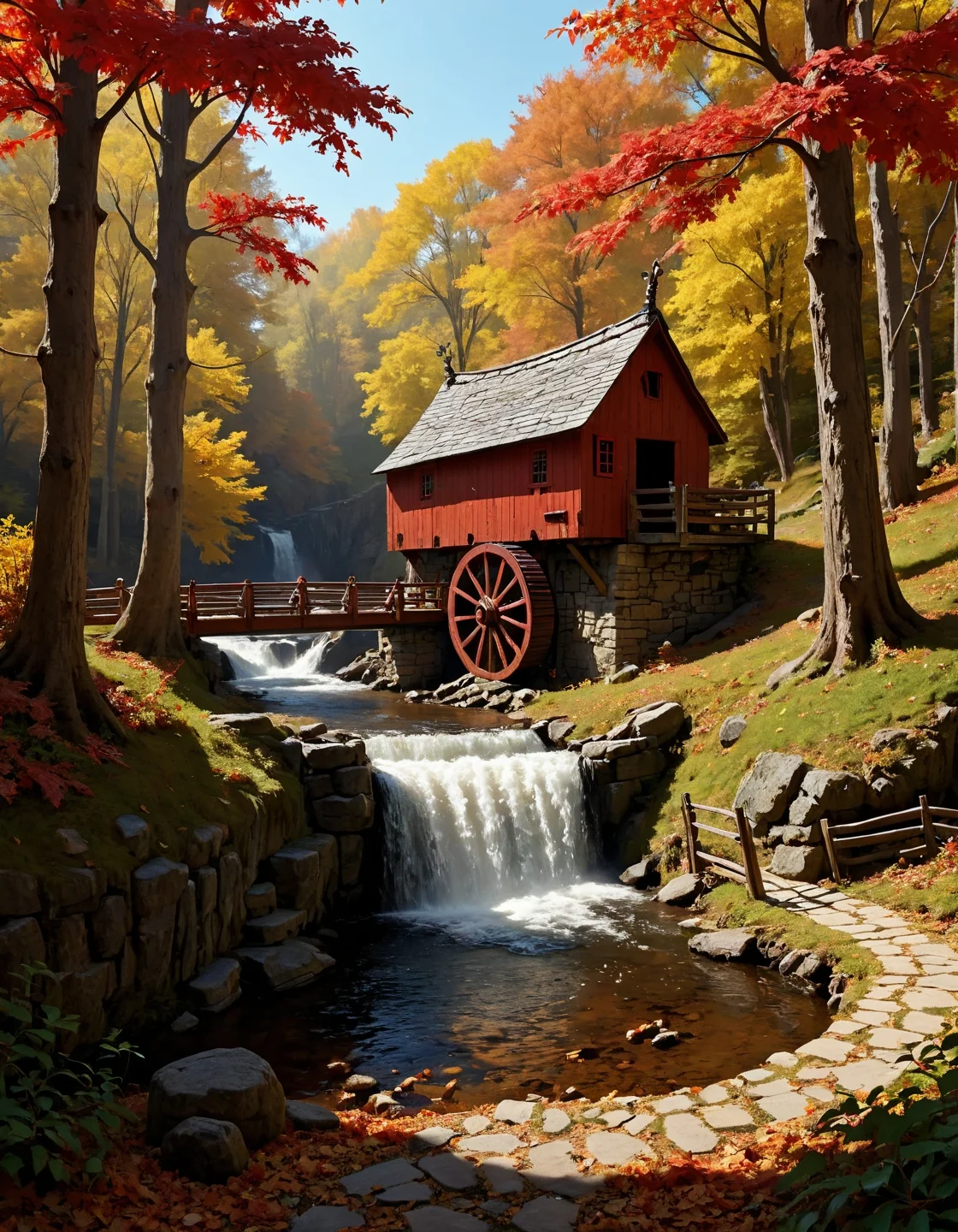 Sanford Robinson Gifford (haze effects), Autumn maple grove with crimson canopy, pilgrims, watermill with sluice gates,adder basking on path.,
 <lora:LCMTurboMix_DPM_SDE_Karras:0.7>,
<lora:Flux-style-xl-lora:0.7> flux-style,
<lora:extremely_detailed:0.7> extremely detailed,
<lora:WildcardX-XL-Detail-Enhancer:0.3>,
<lora:add-detail-xl:0.7>,
BeyondSDXLv3,
(8k,highly detail, cool colors, grand illumination, dynamic cinematic perfect background, stunning detail,absurd detail, high quality, masterpiece,aesthetic, illustration, perfect composition, intricate details, absurdres),
