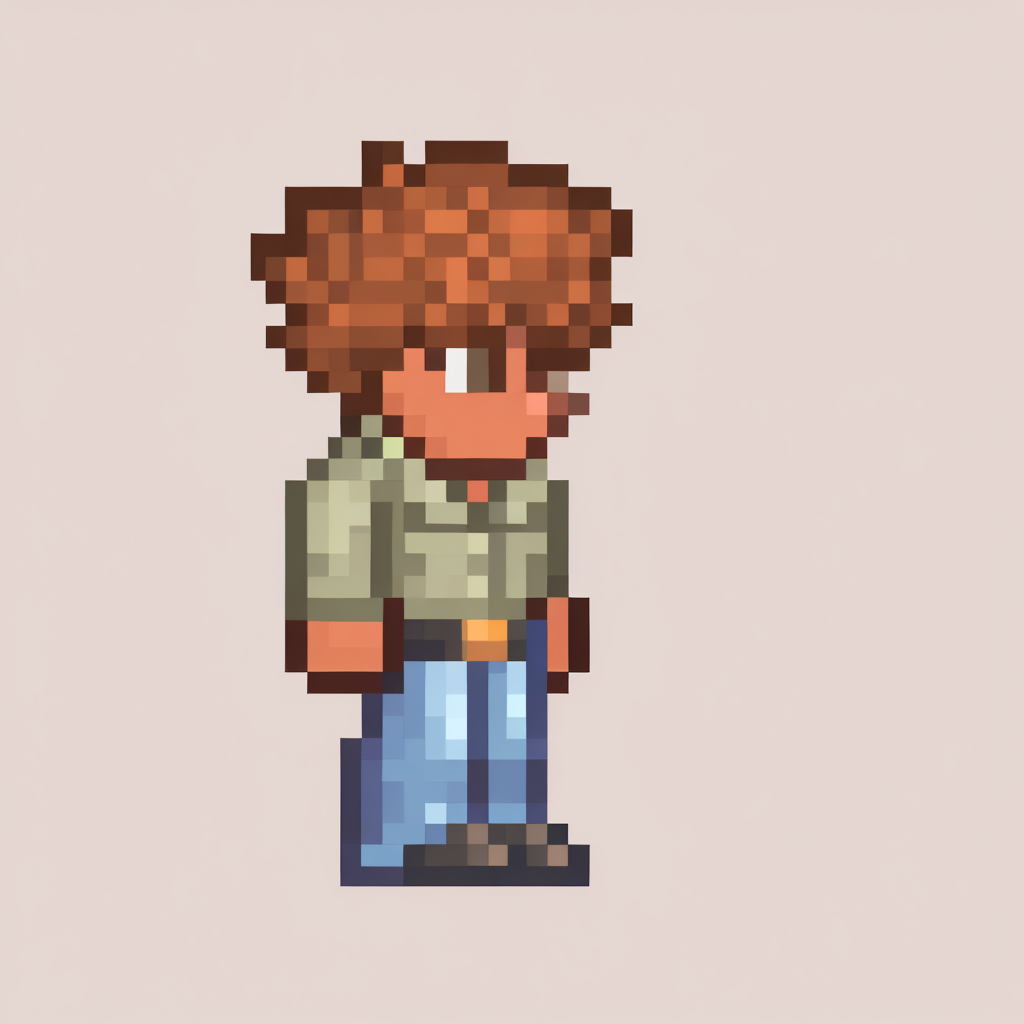 masterpiece, best quality, solo, 1boy, <lora:Terraria-Sprites-illus_Fp:1>, simple background, full body, pixel art, white background,  <lora:Guide-illus_Fp-000005:1>, guidetre, brown hair, brown eyes, short hair, spiked hair, green shirt, collared shirt, belt, blue pants, chibi,
