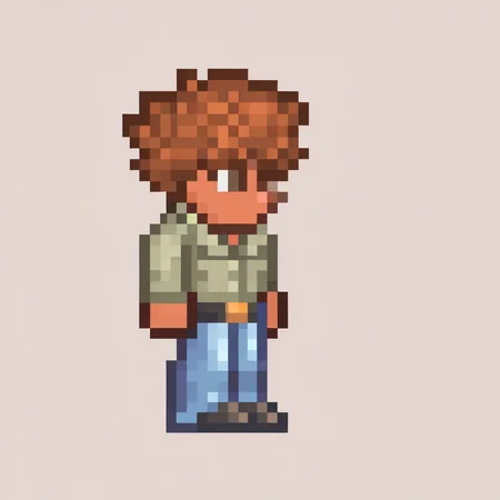 masterpiece, best quality, solo, 1boy, <lora:Terraria-Sprites-illus_Fp:1>, simple background, full body, pixel art, white background, <lora:Guide-illus_Fp-000005:1>, guidetre, brown hair, brown eyes, short hair, spiked hair, green shirt, collared shirt, belt, blue pants, chibi,