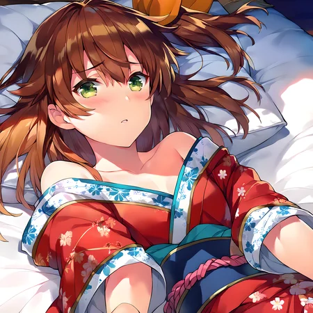 <lora:pony_xl_aina:0.9>,aina,score_9,score_8_up,score_7_up,source_anime,best quality,masterpiece,super fine illustration,1girl,solo,japanese clothes,red kimono,long sleeves,floral print,obi,off shoulder,bare shoulders,collarbone,embarrass,parted lips,indoor,bedroom,pillow,futon,on back,cowboy_shot,