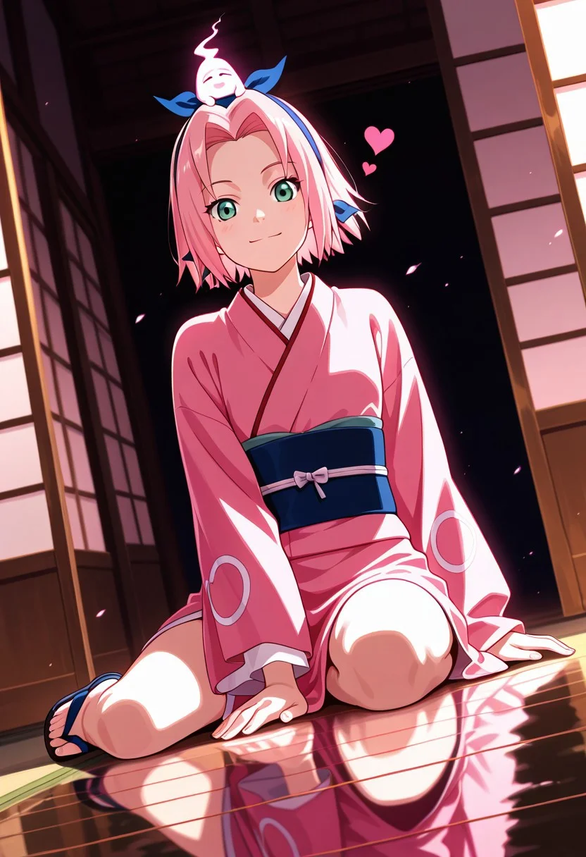 Score_9_up, score_8_up, score_7_up, source_anime, Expressiveh, perfect eyes, 1girl, solo, haruno sakura, pink hair, short hair, green eyes, slim body,Small breasts,
best quality, dynamic pose, dynamic angle, heart, looking at viewer,
pink kimono with red flowers, light reflecting on skin, japanese garden, sunny, godrays, intense lighting, detailed background, playful pose, spirit familair, spirit on head, cheerful, happy, looking at viewer, sitting,Dynamic pink lighting,nightpink particles,reflective floor,
score_9, score_8_up, score_7_up, score_6_up, score_5_up, score_4_up, masterpiece, 4K, quad HD, best quality, high quality, highres, stunning details, highly detailed, ultra detailed, extreme detail, perfect composition, very aesthetic, sharp focus, crisp details, vivid colors, soft lighting, cinematic lighting, dynamic lighting, volumetric lighting, sharp contrast, smooth shading, intricate details, cinematic color grading, clear details, harmonious composition, vibrant colors, ambient lighting, anime-style illustration, vibrant and expressive, ultra-detailed, high-resolution, smooth shading, cel shading, vivid anime colors, best quality, intricate details, elegant pose, cinematic lighting, dynamic composition, anime fantasy background, soft glow, dreamy atmosphere, stunning character design, expressive eyes, 4K HD, anime artstation trending,, ansrd
