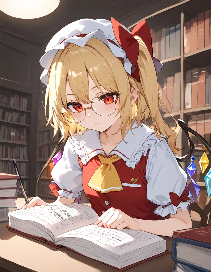 score_9, score_8_up, score_7_up, BREAK
source_anime, best quality, masterpiece, rating_safe <lora:sdxl_lightning_8step_lora:1> BREAK
1girl, solo BREAK
<lora:flan_nrm_v2_pony:1>flanN, flandre scarlet, (blonde hair:1.2), side ponytail, red eyes, red hair bow,hair between eyes, slit pupils, white headwear,
white puffy sleeves,white sleeves, short sleeves, red vest, yellow ascot, red skirt, frilled skirt, frills,round glasses,
sitting, table, studying, holding pen, holding utensil, writing text, looking down, looking at object, upper body, mouth closed,
inside, library, bookshelf, night, night sky, furniture lamp,