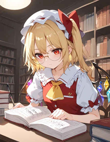 score_9, score_8_up, score_7_up, BREAK
source_anime, best quality, masterpiece, rating_safe <lora:sdxl_lightning_8step_lora:1> BREAK
1girl, solo BREAK
<lora:flan_nrm_v2_pony:1>flanN, flandre scarlet, (blonde hair:1.2), side ponytail, red eyes, red hair bow,hair between eyes, slit pupils, white headwear,
white puffy sleeves,white sleeves, short sleeves, red vest, yellow ascot, red skirt, frilled skirt, frills,round glasses,
sitting, table, studying, holding pen, holding utensil, writing text, looking down, looking at object, upper body, mouth closed,
inside, library, bookshelf, night, night sky, furniture lamp,