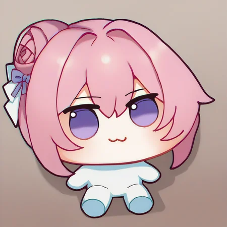 score_9, score_8_up, score_7_up, fumo \(doll\), chibi, solo, 1girl, doro, creature, :3, pink hair, purple eyes, hair bun, hair bow, no humans, white skin, sitting <lora:style_toyfumo_ponyXL-000006:1> <lora:Doro_X_PDXL_V1:1>
