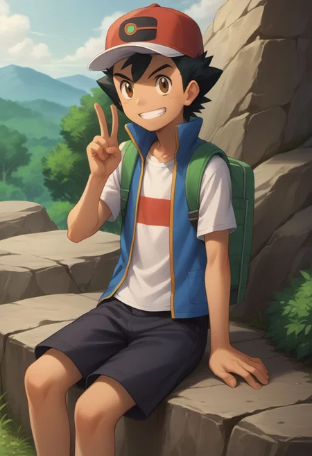 score_9, score_8_up, source_anime, highly detailed, 1boy, solo, skinny, human_child,
ash_j2, 1boy, male focus, brown eyes, hat, shirt, solo, black hair, smile, white shirt, baseball cap
outdoor, sit, rocks, v sign, grin,