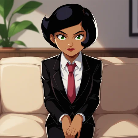 score_9_up, score_8_up, BREAK, Megan, 1girl, solo, black hair, short hair, green eyes, dark skin, lipstick, black suit, white shirt, necktie, black pants, cowboy shot, <lora:Megan_SpieZ_PXL_Leaf4:1>, indoors, depth of field, looking at viewer , sitting on couch,