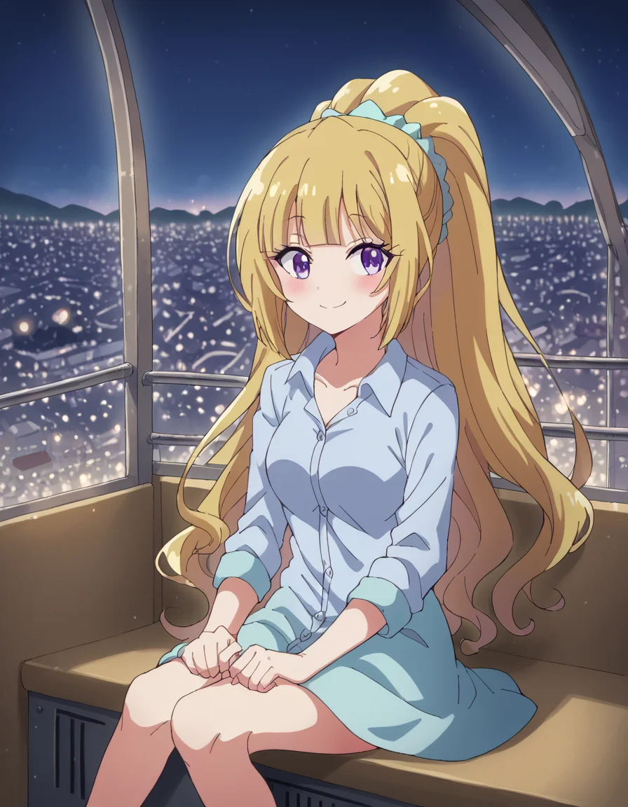 score_9, score_8_up, score_7_up, source_anime, <lora:kei-karuizawa-anime-s2-ponyxl-lora-nochekaiser:1>, kei karuizawa, long hair, bangs, blunt bangs, purple eyes, blonde hair, hair ornament, ponytail, scrunchie, blue scrunchie, medium breasts,, <lora:ferris-wheel-interior-ponyxl-lora-nochekaiser:1>, ferris wheel interior, ferris wheel, gondola, cityscape, amusement park, city lights, night, fireworks, aeriel firworks, night sky, city, skyline, sky,, sitting, smile, blush, looking at viewer,,
