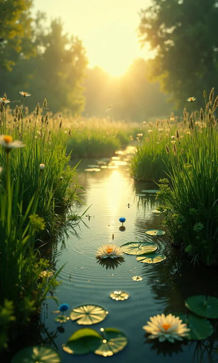 Ethereal marshland, emerald green marsh grasses, tranquil lily pads, serene wetlands, crystal-clear rivulets, vivid blue dragonflies, delicate reeds swaying gently, serene ripples on calm waters, hazy golden sunlight casting a warm glow, melodious bird calls echoing in the distance, pristine reflections, immaculate skies, native wildflowers, golden-hour light, photorealistic details, 8k resolution, masterpiece quality, harmonious, unspoiled natural habitat <lora:Hand v2:0.3> <lora:DND_GRAINYBOYZ_FG_FLUX_V2_ROMULUS_Lora:0.4> <lora:flux_dev:1>