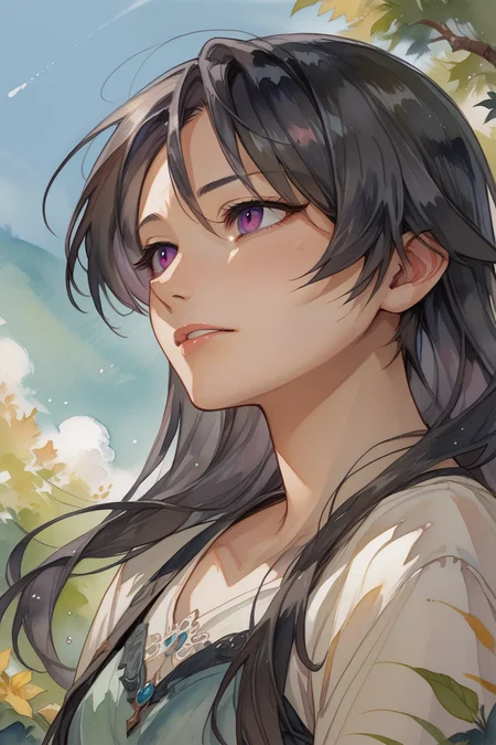 <lora:Watercolor Anime Style LoRA_Pony XL v6:0.7> , watercolor \(medium\), traditional media, (face), close-up, purple eyes, exterior, blue sky (score_9, score_8_up, score_7_up), source anime, <lora:Reinelle__Of_All_Things_I_Became_a_Crow:0.65> , Reneille, black hair, long hair, Reneille clothes,