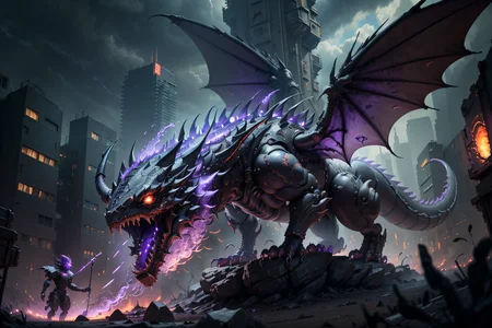 (robotic black and red dragon),(masterpiece, Extremely detailed, 8k, photorealistic,UHD,best quality, highres:1.3),robort,(photorealistic:1.2)(dept of field:1.2),dof, absurdres, (realistic:1.5),fine detail, HDR,  perfect illumination, distinct, , (open mouth),(cybernetic body),(fangs:1.2),(post-apocalyptic lanscape:1.2), wings, (claws),cyberpunk,electronic part,(breathing purple_fire:1.3),detailed eyes,
film grainy, insane details, intricate details, hyperdetailed, unreal engine, trend on artstation,highly detailed,science-fiction,futurist,
(mechanical),
<lora:Dragons v1:0.3>,<lora:FINAL  Robort:0.2>