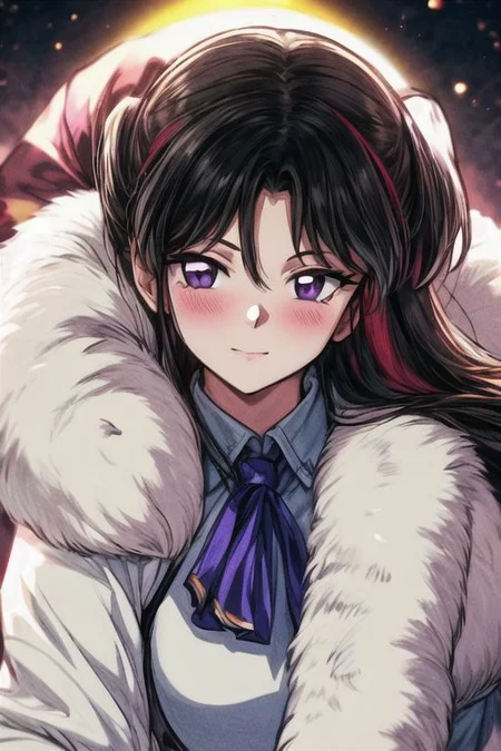 masterpiece, best quality 1girl Setsun4 solo long hair, (night time) forest background black hair very long hair purple eyes multicolored hair armor (fur trim) (medium body),<lora:EMS-179-EMS:0.800000>,<lora:EMS-293862-EMS:0.800000> bow, hair_bow, hair_tubes, red_bow, brown_hair, long_hair, bangs, ascot, frilled_bow, yellow_ascot, blush, smile, hair_between_eyes, athletic