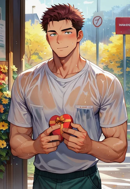 score_9, score_8, score_7_up, safe_content, source_anime, bara, (Valentine day), solo, 1man, cute face, masculine,muscular body, (student uniforms), at bus stop, standing, ((bring a chocolate box, bring a bouquetof flowers)) heavy rain, thunderstorm, wet clothes, wet shirt, wet pants, wet face, handsome, blushing face, smile, pov get presents, BRAKE, 
Perfect formed anatomy, (perfect hands), perfect formed face, perfect eye, (masterpiece, best quality, high resolution), <lora:chabashira_Tatsukichi_manga_style:1.3>