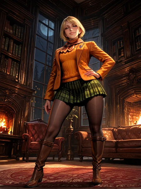 masterpiece,highres,incredibly absurdres,style of Melkor Mancin,(style of Jim Lee:0.6),ashley graham, resident evil 4 \(remake\), AshleyJacket, plaid skirt, knee boots, pantyhose, scarf, jacket, short hair, blonde hair, brown footwear, pleated skirt, blazer, school uniform, miniskirt, <lora:Ashley_illustrious_v1:0.5>,,mature female,solo,medium breasts,happy,standing,legs apart,seductive smile,hand on own hip BREAK living room,night,night sky,full moon,fireplace,bookshelf,couch,Smooth Quality - Illustrious,<lora:cfg_scale_boost:0.6>,<lora:LCMTurboMix_Euler_A_fix:1>,<lora:ponyv6_noobV1_1_adamW:0.8>,<lora:NOOB_vp1_detailer_by_volnovik_v1:1>,