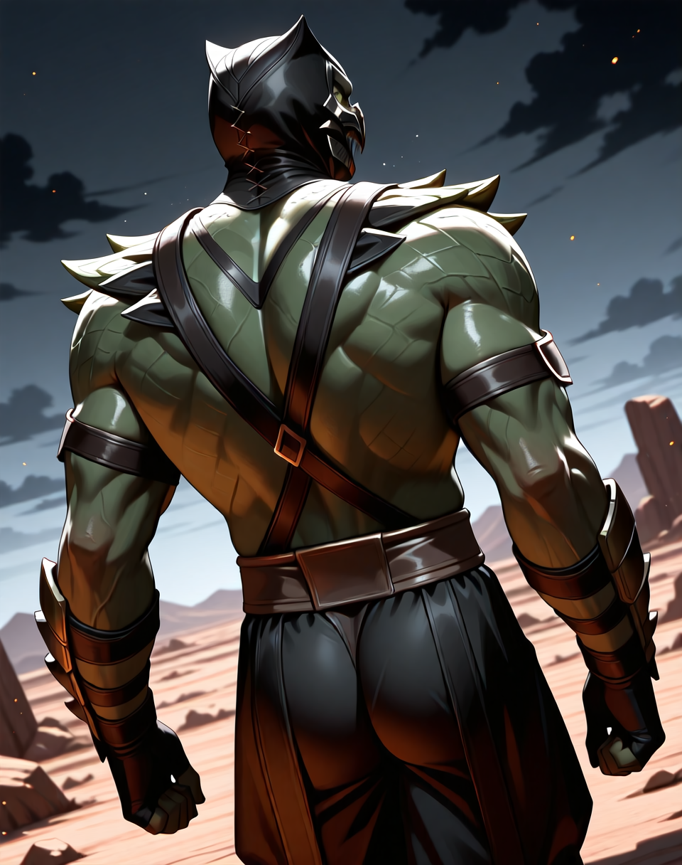 <lora:Reptile_X_(Mortal_Kombat)_(Illustrious)_(AD):1> Reptile_MK, muscular, Mortal Kombat, 
dutch angle, exterior, monumental architecture, wasteland, dark night sky with black clouds, 
male focus, gradient coloring, villain, intimidating, fierce, back view, butt, 
BREAK very awe, aesthetically pleasing, masterpiece, best quality, amazing quality, very aesthetic, perfect depth of field shot, in'ei, source_furry, furry_art, 
Smooth Quality, lazympos, IllustQualXL_Pos,