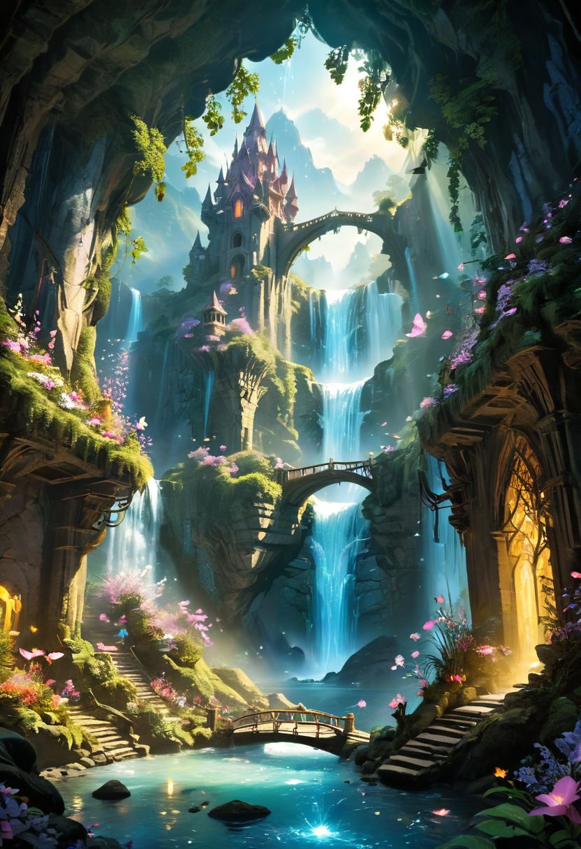 a hidden fantasy world with magical creatures,majestic landscapes,enchanted forests,sprawling mountains,mystical rivers,mythical creatures,elaborate castles,glistening waterfalls,breathtaking sunsets,ethereal lighting,dreamlike colors,pixie dust,whimsical atmosphere,vibrant flora and fauna,ancient ruins,secret pathways,timeless beauty,ethereal mist,spellbinding charm,enchanted waterfalls,serene lakes,celestial moonlight,enchanted flowers,luminous fireflies,dancing fairies,majestic unicorns,soaring dragons,mysterious caves,magical portals,enchanted whispers,ancient prophecies,whispering trees,glowing crystals,endless adventures,infinite possibilities, vivid colors, graphic novel illustration