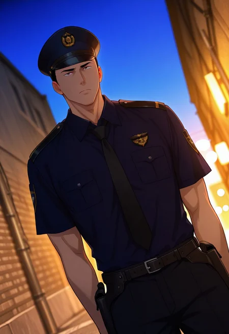 safe_pos, score_9, score_8_up, score_7_up, score_6_up, perfect anatomy, perfect proportions, best quality, masterpiece, high_resolution, high quality, best aesthetic, incredibly absurdres, highres, extremely detailed, huge filesize, solo male, adult, mature, masculine, manly, handsome, charming, alluring, seductive, heroic, serious, grim, stern, unsociability, bluntness, gruffness, upper body, dutch angle, cowboy shot, perfect face, perfect eyes, source_anime, anime coloring, BBBIsami, Isami Ao, brown eyes, sanpaku, BBBIsami_hairstyle01, black hair, short hair, neat hair, bare forehead, BBBIsami_outfit20, police uniform, police peaked cap, black collared shirt, necktie, short sleeves, black pants, hip holster, cinematic still, emotional, harmonious, vignette, bokeh, cinemascope, moody, epic, gorgeous, outdoor, night, dark, city, alley