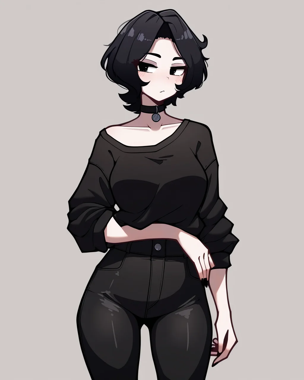 aiyhav nouneim, masterpiece, best quality, high quality, absurdres, very awa, 1girl, solo, doomer girl, pale skin, black hair, black shirt, black pants, <lora:noobaivpred075_doomer_girl:1> cowboy shot,