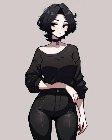aiyhav nouneim, masterpiece, best quality, high quality, absurdres, very awa, 1girl, solo, doomer girl, pale skin, black hair, black shirt, black pants, <lora:noobaivpred075_doomer_girl:1> cowboy shot,