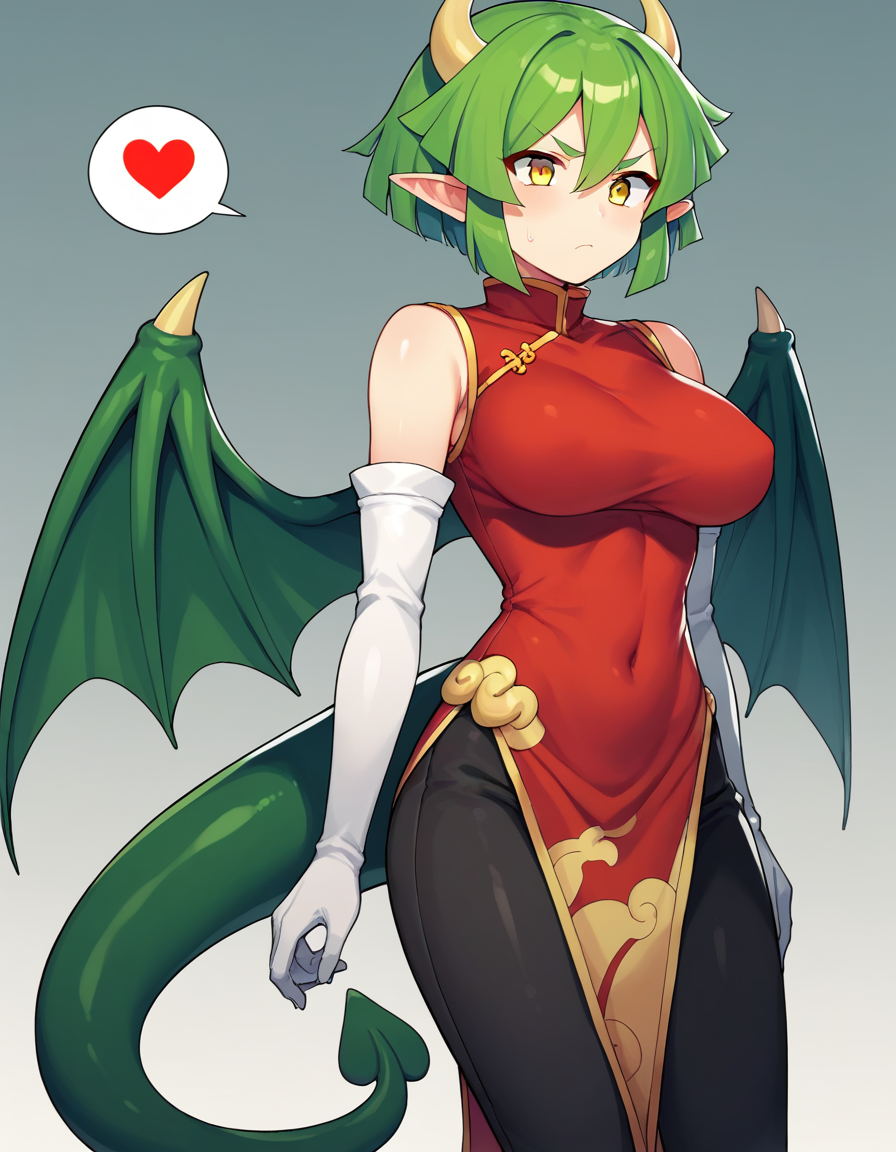 <lora:Pdraco_SDXL_pony_fp16_v01:1>,PdoracoG, 1girl,green hair,green dragon wings,dragon tail,yellow eyes,large breasts,green hair,short hair,red china dress, white gloves, spoken heart, troubled eyebrows,black pants, score_9, score_8_up, score_7_up, BREAK source_anime, rating_explicit, best quality, masterpiece, uncensored, [pony diffusion V6 is trained by PurpleSmartAI:100]