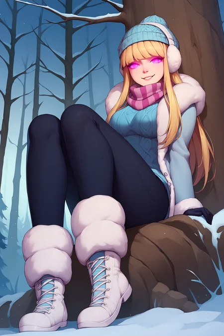 score_9, score_8_up, score_7_up, score_6_up, BREAK, SyndraSDayXL, purple eyes, glowing eyes, blonde hair, long hair, bangs, blue beanie, white earmuffs, medium breasts, pink striped scarf, winter coat, blue sweater, black gloves, black pants, leg warmers, white footwear, solo, full body, sitting, bellow view, seductive smile, looking at viewer, forest, tree <lora:SyndraSDayXL:1>