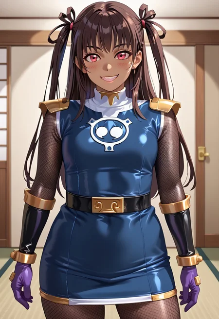 score_9, score_8_up, score_7_up, BREAK,
1girl, solo, defYuki, tan, dark-skinned female, brown hair, red eyes, two side up, long hair, sentaikageblue, shiny clothes, spandex, silver bodysuit, fishnet bodysuit, bodysuit under clothes, black dress, shoulder pads, black belt, black gloves, boots, boots, blush, small smile, looking at viewer, indoors, tatami, sliding door, room, night,