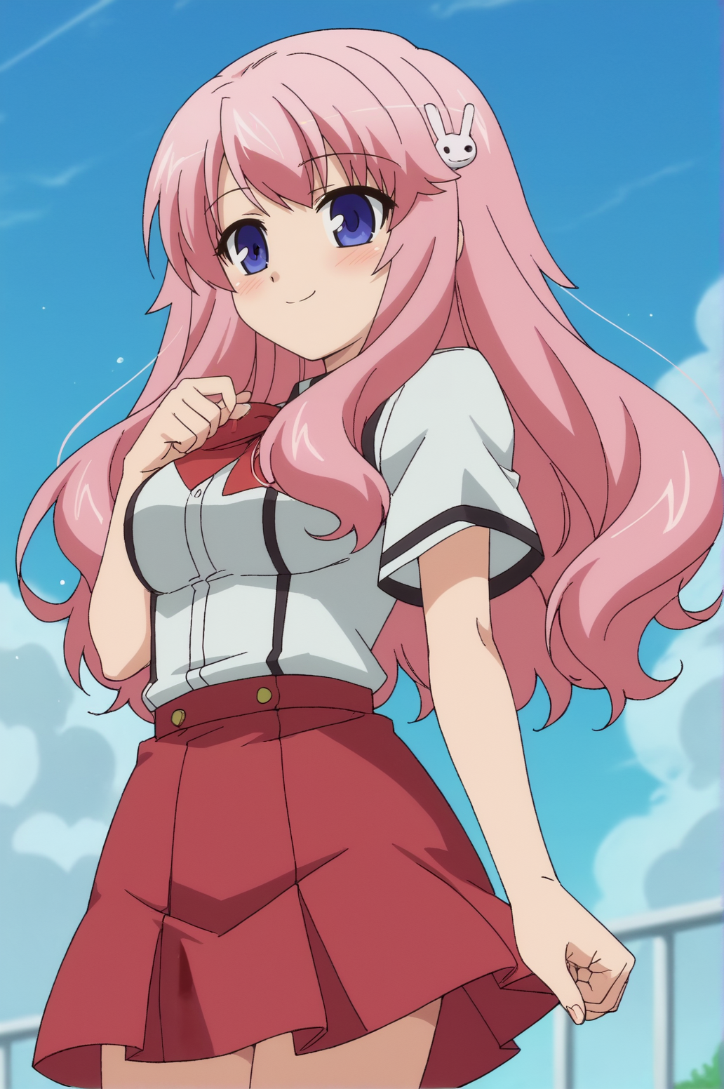 score_9, score_8_up, score_7_up,anime_source, source_anime, best background, detailed background, anime screencap,  Mizuki, 1girl, blush, hair ornament, smile, solo, light smile, cowboy shot,  from below, blush, seductive body, thighighs, skirt, school uniform,  <lora:Mizuki_Himeji:0.8>