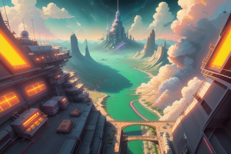 scifi fantasy, painterly concept-art, floating/hovering skydock, part of an astropunk manufacturing facility, where they produce commercial starships, up in the stratosphere, daytime, outdoors, cloudscape, implied scale, implied height, minimalist, [flat vector digital wallpaper style], high resolution, pastel hues, [orange, pearl white, pink, ochre, onyx, cobalt], neon lighting strips,