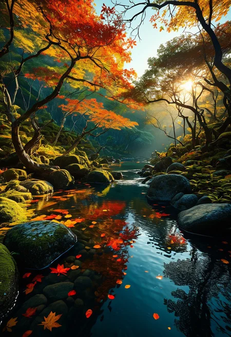 (clear translucent plunge pond in a magical claustrophobic forest with numerous overgrown trees with water surface completely blanketed in lots of floating autumn maple leaves:1.28), (filled with saturated multicolored vibrant stone boulders at the bottom of pond lit with caustics:1.2) (with mossy floating log and waterholes and glowing corals at the bottom of the pond:1.24), afternoon (moody atmosphere:1.08) golden (hour with godrays shining through dark canopy branches:1.2), (bioluminescent-shikoku gleams:), (prismatic cohesive color grading), 4k, highres, best quality, dramatic, cinematic, epic, (concept art, digital art, realistic, professional masterpiece, raised view, dutch angle, establishing far shot, dynamic shot, (curvilinear perspective), sharp clarity:1.2), fine intricate details, great lighting, dappled soft lighting, volumetric lighting, detailed highlights, rim lighting