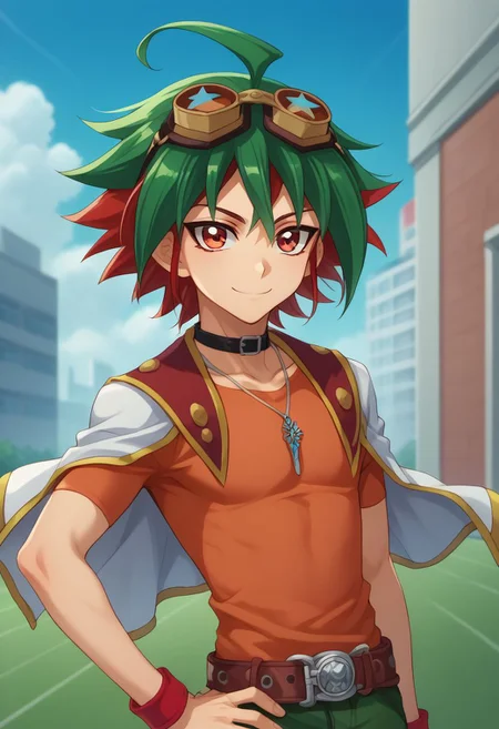 score_9, score_8_up, score_7_up, source_anime, highly detailed,
yuya, 1boy, male focus, red hair, solo, goggles on head, ahoge, goggles, green pants, green hair, bangs, dyed bangs, pants, red eyes, choker, shirt, multicolored hair, smile, short sleeves, orange shirt, looking at viewer, jacket, hand on hip, jacket on shoulders, pendant, jewelry, spiked hair, belt,
outdoor, sky, upper body