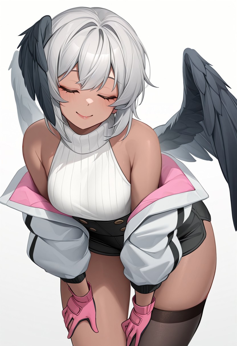 kanine41, best quality, masterpiece, hires, aesthetic. solo, 1girl, closed eyes, lips, smile, grey hair, pose, grey dark-skinned female, bare shoulders, baggy jacket, black feather wings, high-waist_shorts, dual-colored gloves, pink gloves, asymmetrical thigh-highs, leaning forward, looking at another out of view, head turned to the right side