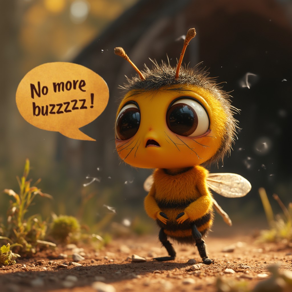 The cutest baby bee crying in the foreground. The bee has giant black eyes reflecting light and a big round head. "No more buzzzzzz" in a word bubble coming out of her. An abandonned beehive in the background with cobwebs. The image has been inspired by the disney pixar style
