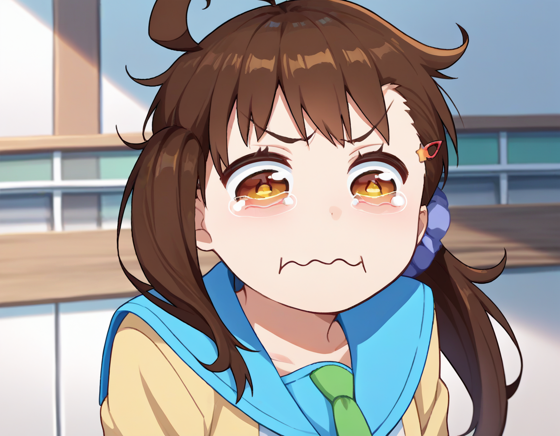 score_9, score_8_up, score_7_up, source_anime, solo, 1girl, deraharu, aquacrying, wavy mouth, closed mouth, tearing up, ahoge, side ponytail, hair scrunchie, hairclip, blue sailor collar, school uniform, yellow cardigan, open cardigan, necktie <lora:concept_aquacrying_ponyXL:1> <lora:[P]Onodera Haru_v1:1>