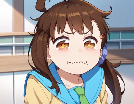 score_9, score_8_up, score_7_up, source_anime, solo, 1girl, deraharu, aquacrying, wavy mouth, closed mouth, tearing up, ahoge, side ponytail, hair scrunchie, hairclip, blue sailor collar, school uniform, yellow cardigan, open cardigan, necktie <lora:concept_aquacrying_ponyXL:1> <lora:[P]Onodera Haru_v1:1>