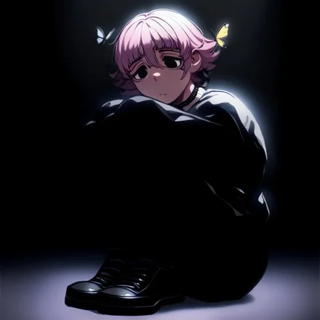 score_9, score_8_up, score_7_up, score_6_up, GLSHS, bug, butterfly, choker, butterfly on face, facing viewer, covered eyes, full body, fetal_position
light theme, dark theme, sitting in fetal position in illuminating light, spotlight above beaming below on crona, 1BOY man, crona, black eyes, short hair, pink hair, bags under eyes, hair between eyes, long sleeves, white shirt, shirt, dress, black dress, black pants underneath, black military shoes, mature feminine femboy, large body, thick, curvy, voluptuous, small pecs, tall femboy, larger feminine man
