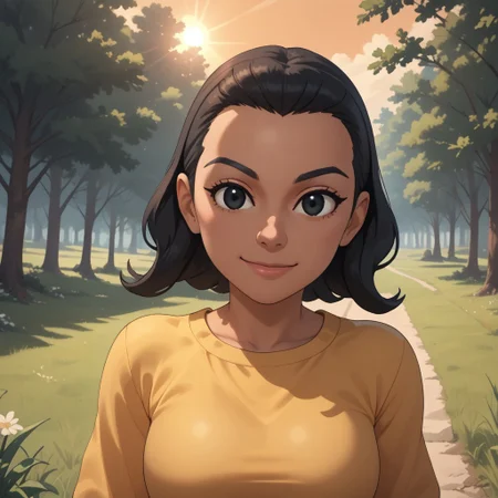 score_9, score_8, BREAK, wii, mii, wii sports, 1girl, female mii, cute, black hair, black eyes, black eyebrows, yellow clothing, white pants, shoes, breasts, nintendo mii, modern_mii, classic_mii, Nugget_(Wii_Sports), cute, dark skin, dark skin female, sexy pose, self portrait, smile, outdoors, sunlight, shadows, evening lighting, natural lighting, forest, trees, grass, orange sky, sunset