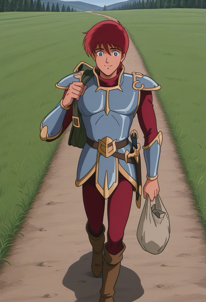 1boy, solo, adolysiova, red hair, blue eyes, armor, red shirt, vambraces, red pants, sheathed, boots, outdoors, grass, path, walking, holding bag over shoulder,, smile