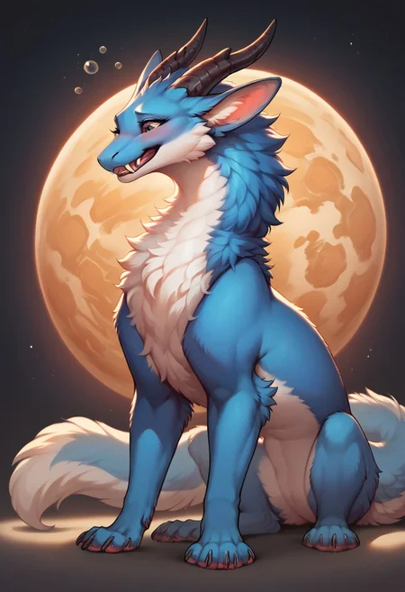 score_9, score_8_up, score_7_up, score_6_up, score_5_up, score_4_up, furry art, Darra, furry art, feral, furred dragon, female, white and blue fur, big ears, horns, tail, chest fluff, paws, fangs, embarrassed, happy, faded blue eyes, staring off into space, extra fluffy, quadruped, drunk, intoxicated