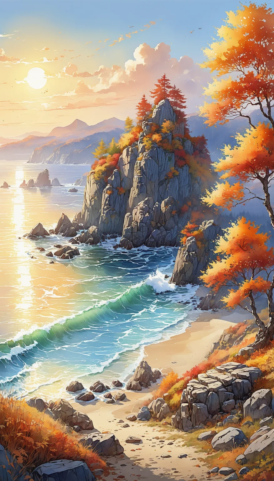 best quality,high quality  (picturesque  landscape outline, (style of detailed graphic sketch:0.7), style of ink and wash watercolor sketch :0.7) of a
impressive immersive environment,
sea shore in
autumn in the morning , clear weather,
global lighting, 8k resolution, detailed, focused,
pixiv contest winner,divine view,
( style of Tyler Edlin,(style of Thomas W Schaller:0.3)  :0.8)