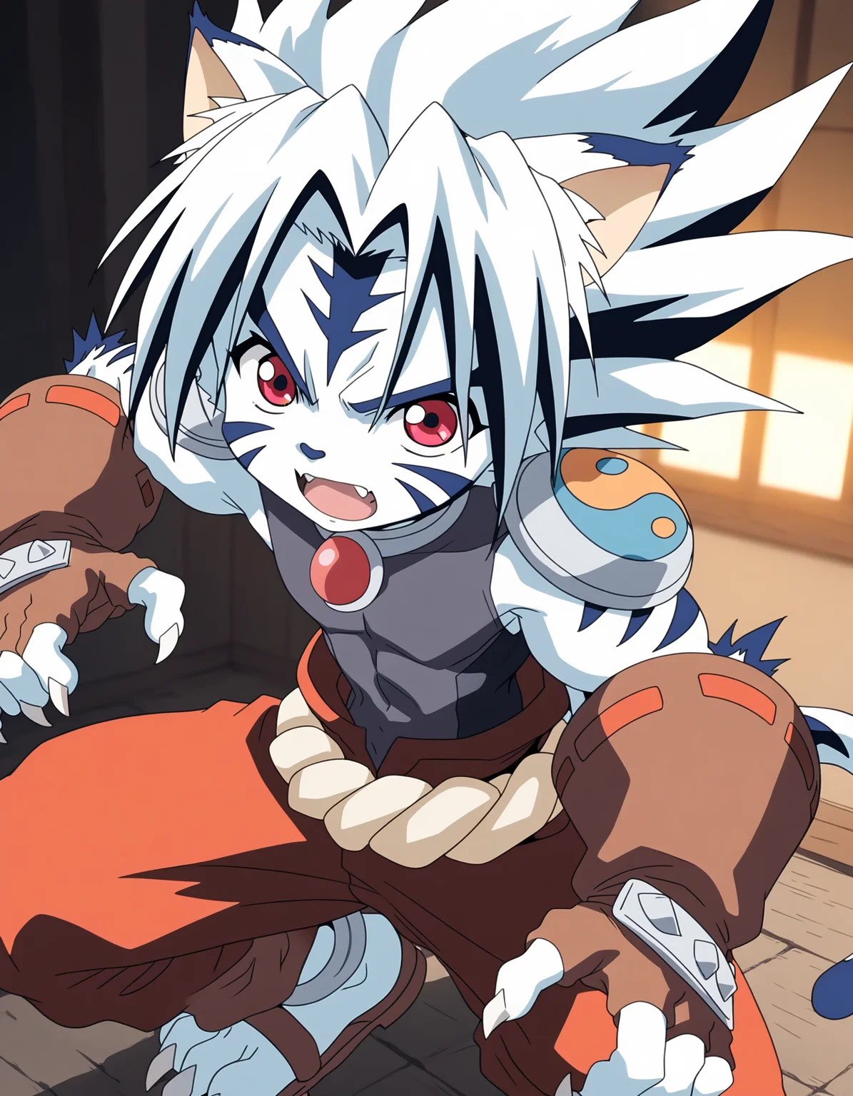 score_9, score_8_up, score_7_up, source_anime, ,source_furry,
BREAK
young,kogenta \(onmyou taisenki\), 1boy, animal ears,  cat ears, tail,  furry male, red eyes, white hair, facial mark, spiked hair, colored skin, fang,multicolored hair, white_skin,open mouth,
claws, fingerless gloves, armor, , shoulder armor, pants, rope, jewelry,anklet,
BREAK
<lora:kogenta_pony_v3:1>